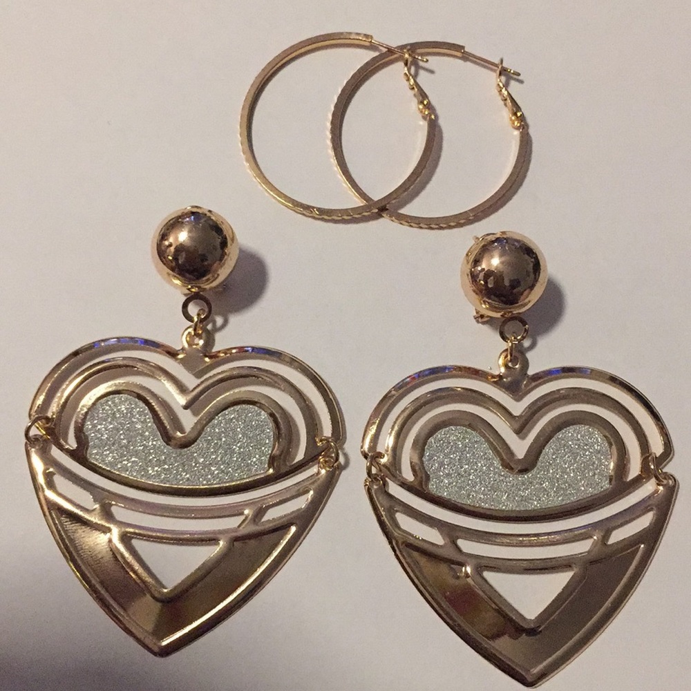 Set of Gold Hoops and Dangly Heart Earrings